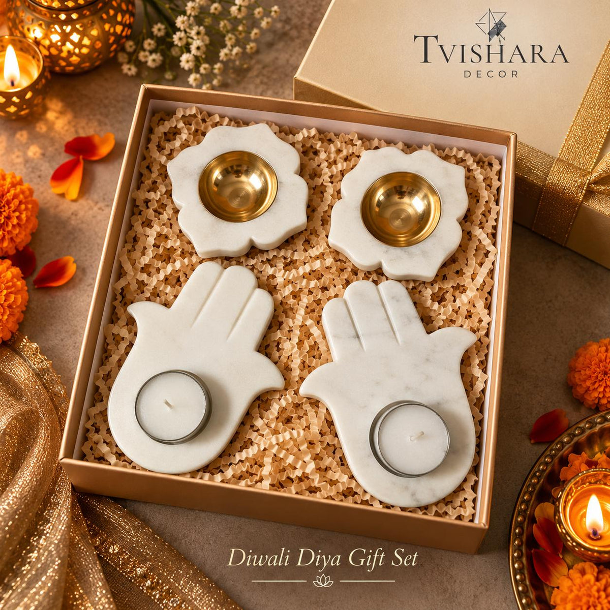 Round Marble Diwali Diya & Hamsa Candle Holder Gift Set | Festive Home Decor