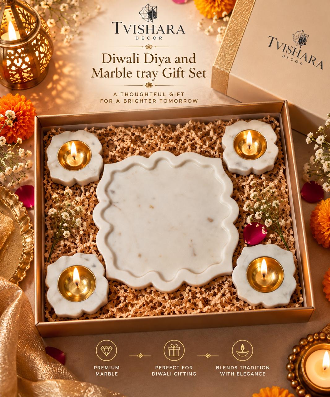 4 Round Marble Diwali Diyas & Square Scalloped Tray Gift Set | Festive Home Decor