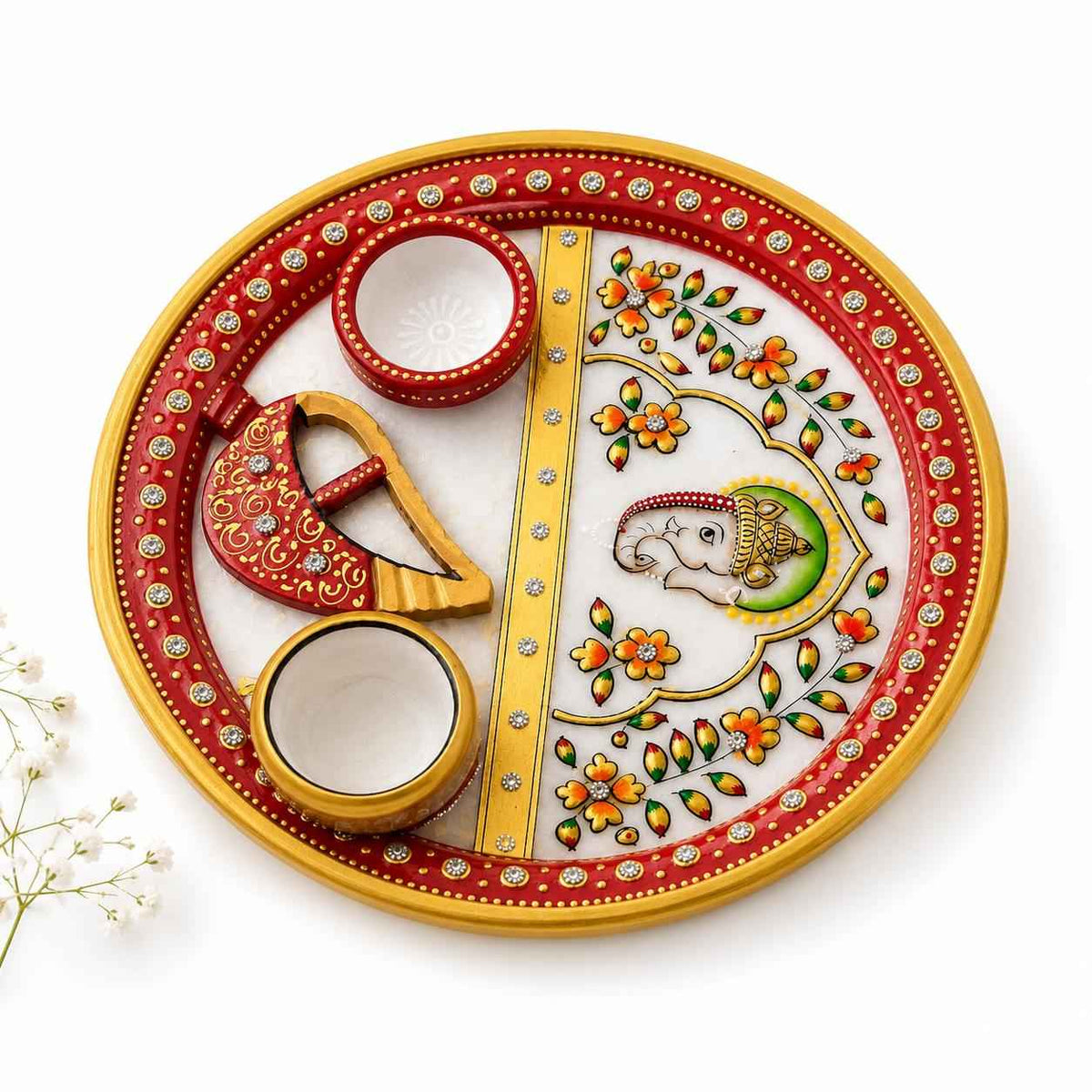 White Marble Pooja Thali Set | Hand-Painted Rajasthani Art | Diwali & Festival Gifting