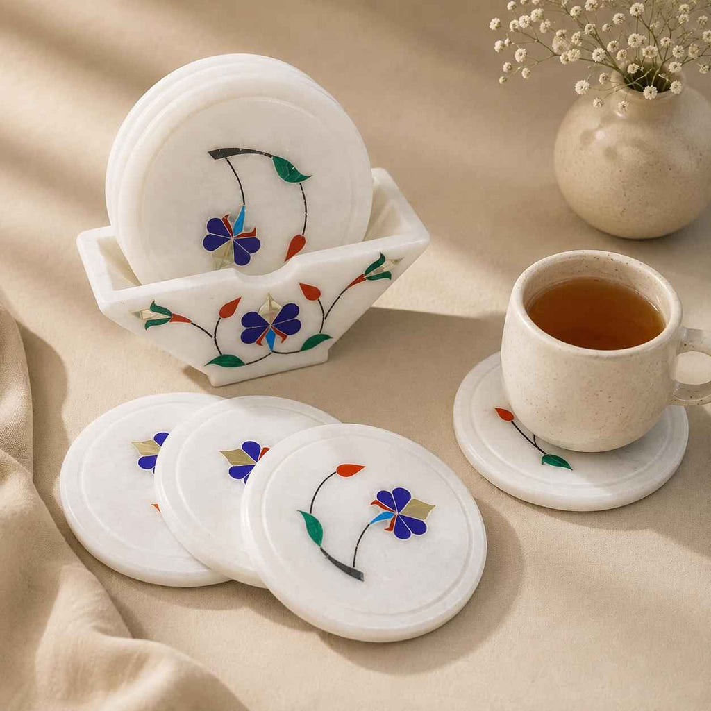 Marble Inlay Coaster Set with Stand | Handcrafted Pietra Dura Art | Luxury Table Decor