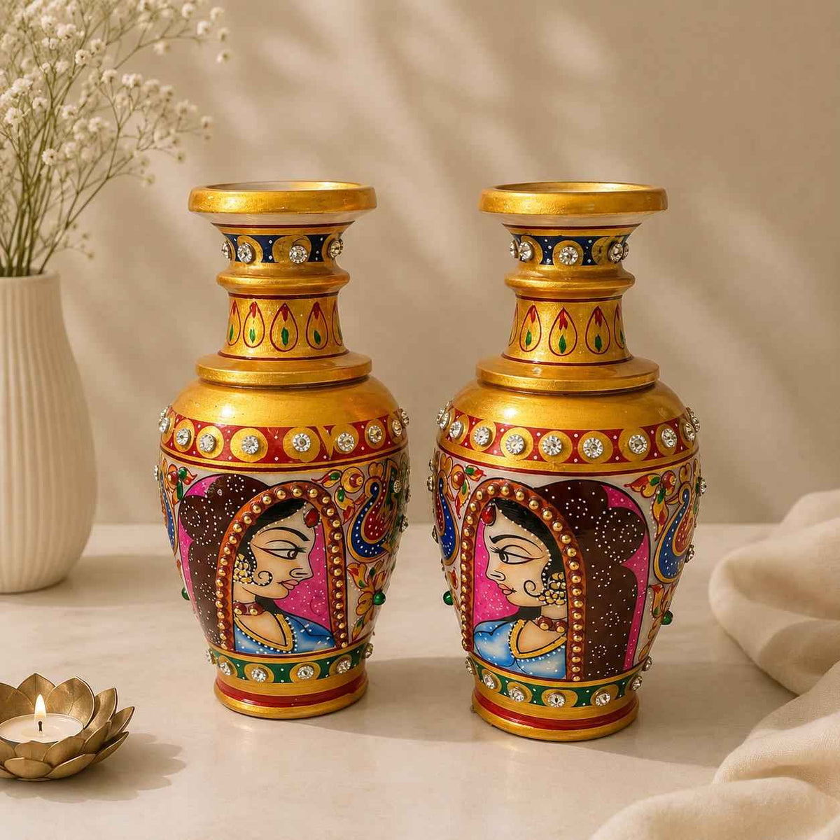 Bani Thani Marble Vase Pair | Hand-Painted Rajasthani Art | Premium Indian Home Decor
