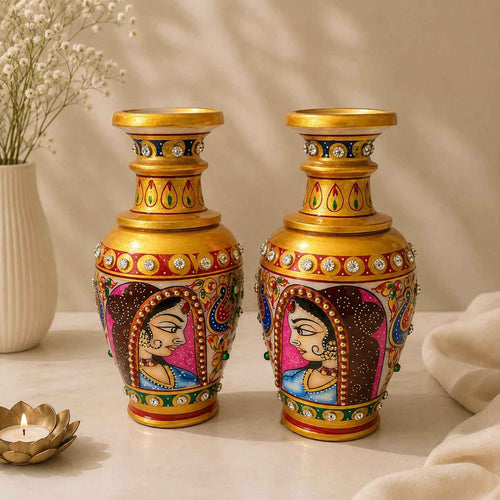 Bani Thani Marble Vase Pair | Hand-Painted Rajasthani Art | Premium Indian Home Decor