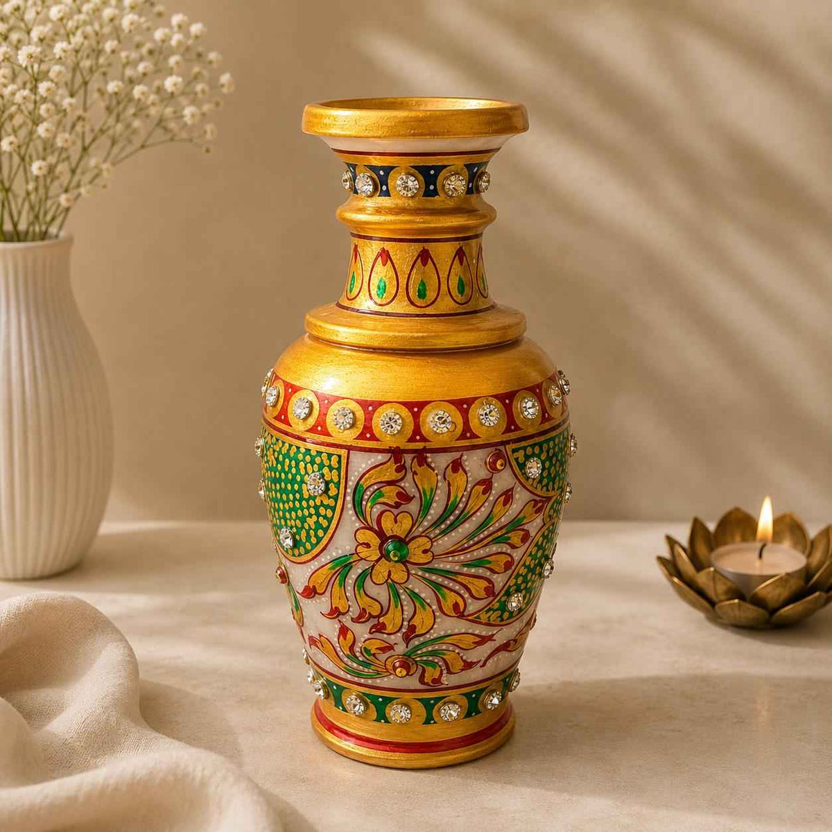 Bani Thani Marble Vase Pair | Hand-Painted Rajasthani Art | Premium Indian Home Decor