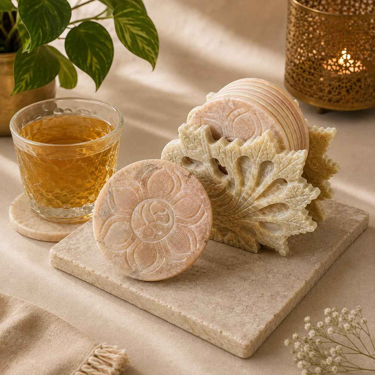 Soapstone Peacock Coaster Set with Holder | Hand-Carved Natural Stone | Luxury Table Decor & Gifting