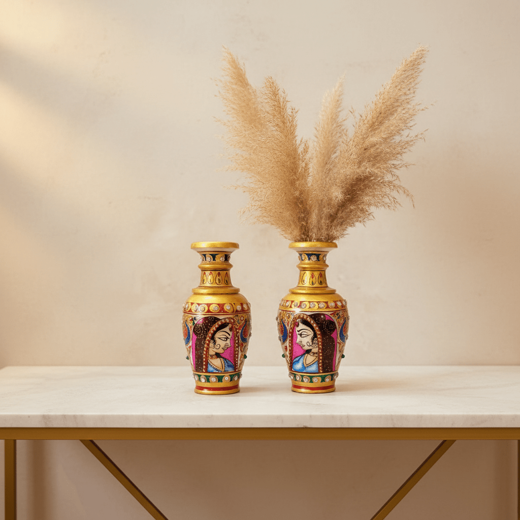 Bani Thani Marble Vase Pair | Hand-Painted Rajasthani Art | Premium Indian Home Decor - Tvishara Decor