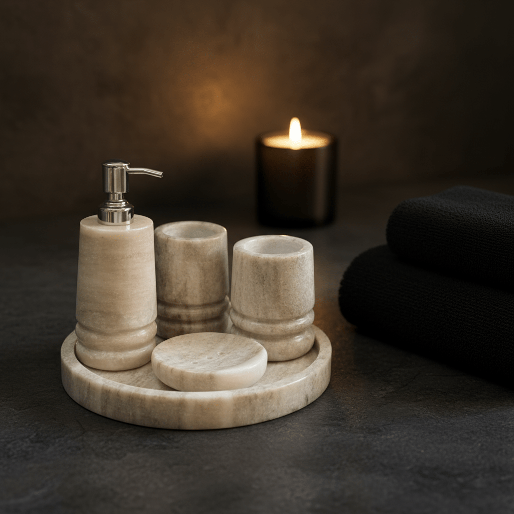 5-Piece Marble Bathroom Set | Soap Dispenser, Toothbrush Holder & Tray | Luxury Bath Decor - Tvishara Decor