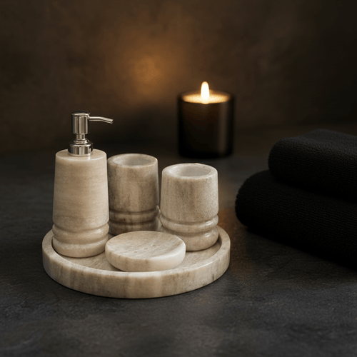 5-Piece Marble Bathroom Set | Soap Dispenser, Toothbrush Holder & Tray | Luxury Bath Decor - Tvishara Decor