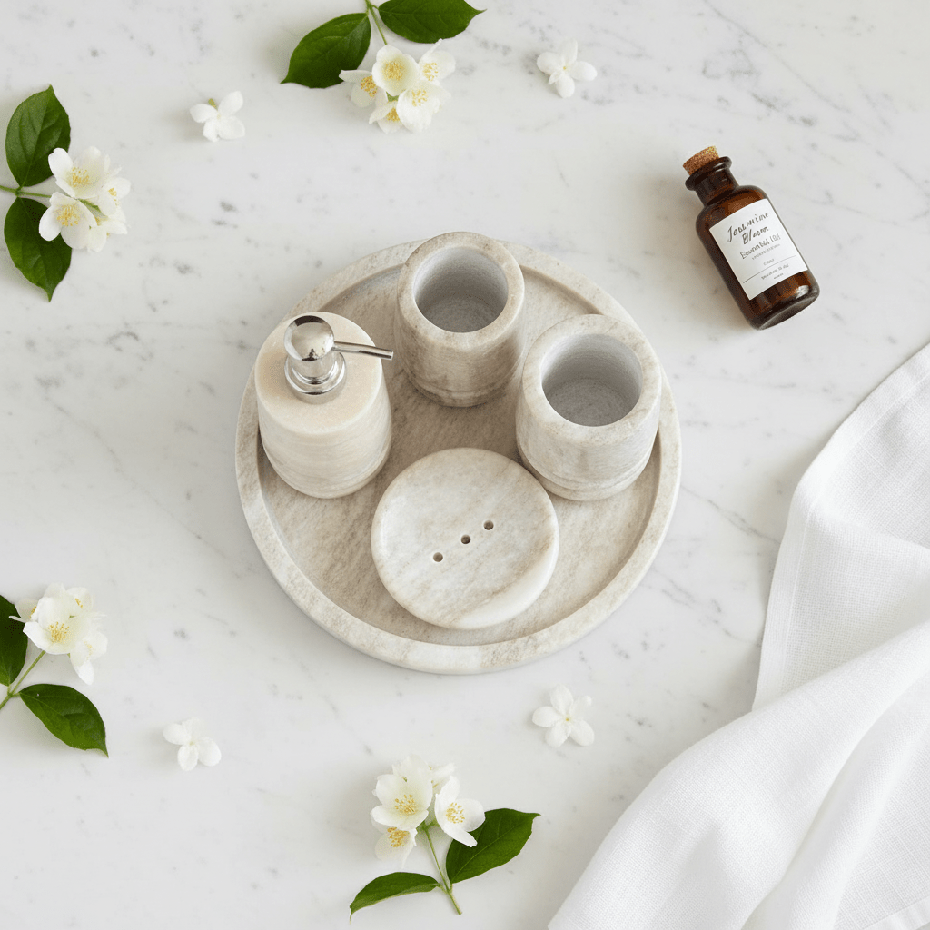 5-Piece Marble Bathroom Set | Soap Dispenser, Toothbrush Holder & Tray | Luxury Bath Decor - Tvishara Decor