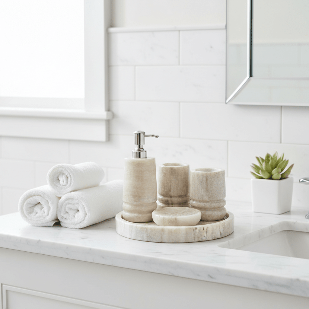 5-Piece Marble Bathroom Set | Soap Dispenser, Toothbrush Holder & Tray | Luxury Bath Decor - Tvishara Decor