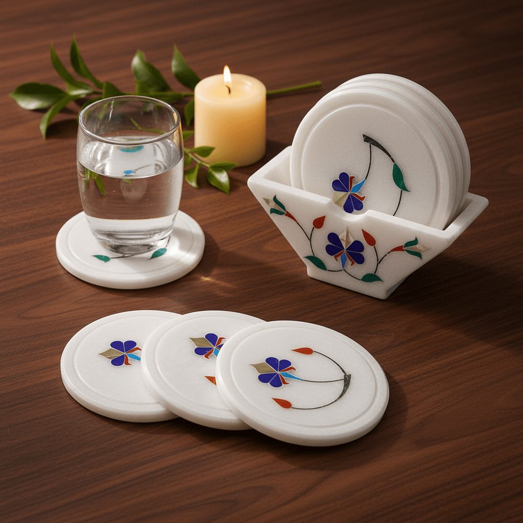 Marble Inlay Coaster Set with Stand | Handcrafted Pietra Dura Art | Luxury Table Decor - Tvishara Decor