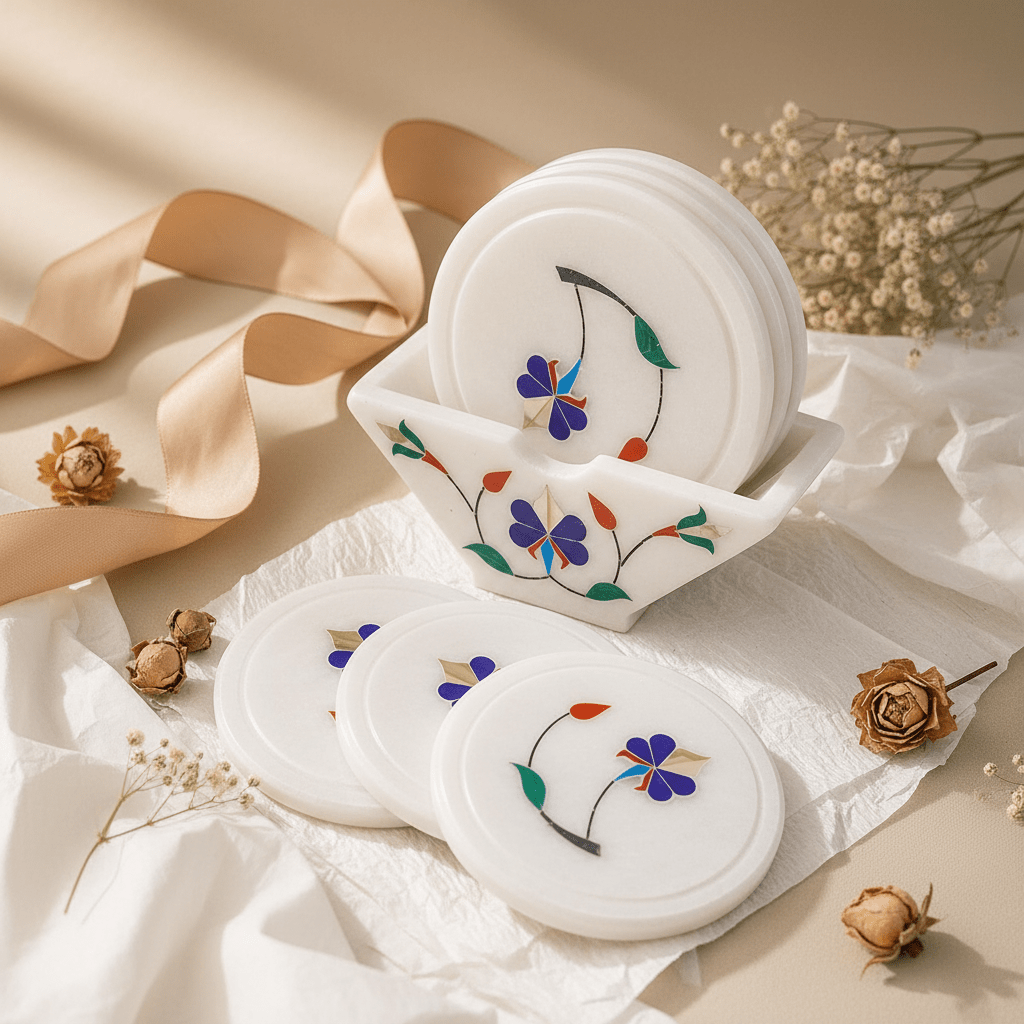 Marble Inlay Coaster Set with Stand | Handcrafted Pietra Dura Art | Luxury Table Decor - Tvishara Decor