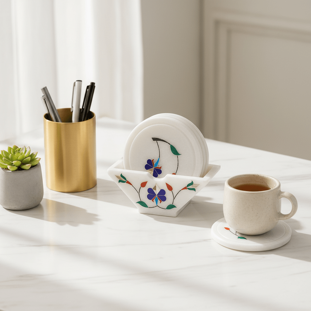 Marble Inlay Coaster Set with Stand | Handcrafted Pietra Dura Art | Luxury Table Decor - Tvishara Decor