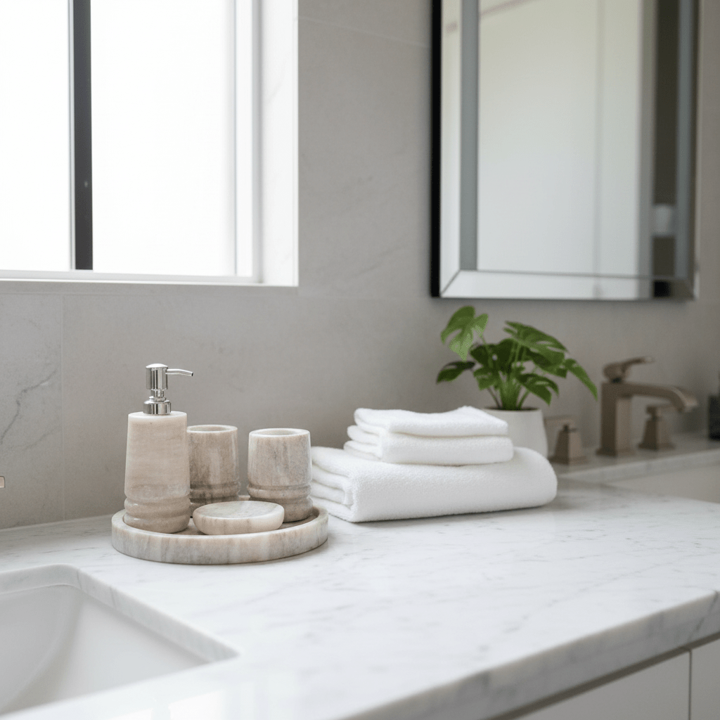 5-Piece Marble Bathroom Set | Soap Dispenser, Toothbrush Holder & Tray | Luxury Bath Decor - Tvishara Decor