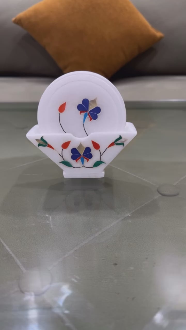 Marble Inlay Coaster Set with Stand | Handcrafted Pietra Dura Art | Luxury Table Decor